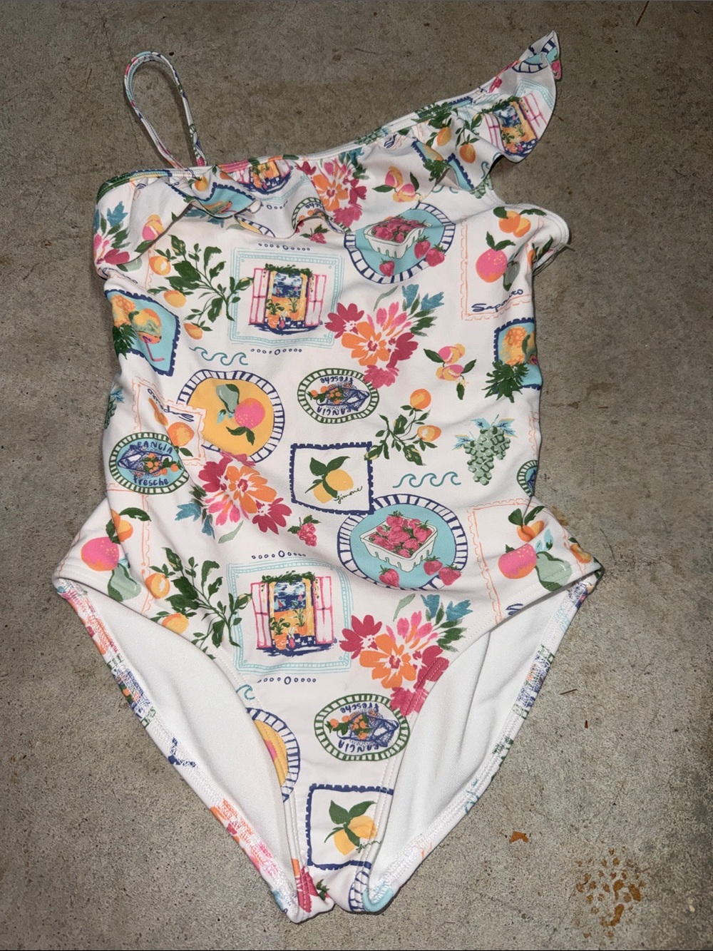 abercrombie kids White One-Shoulder Floral & Fruit Print Swimsuit